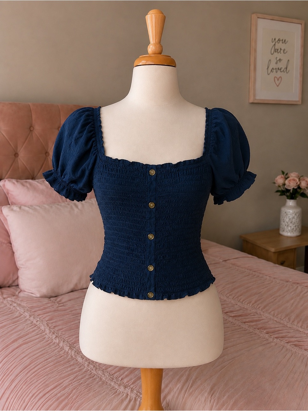 & Other Stories Navy Smocked Puff-Sleeve Button Front Top